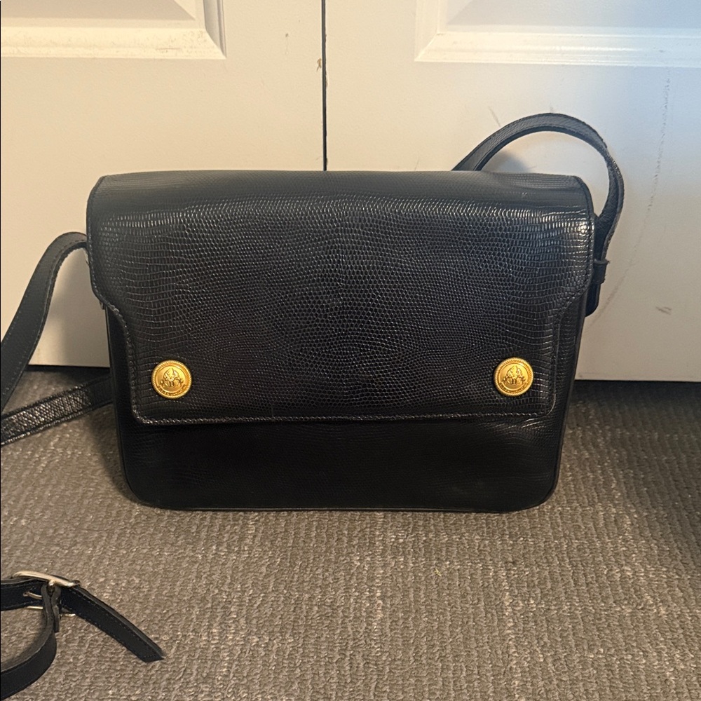 Chic Black Textured Crossbody Bag with Gold Accents